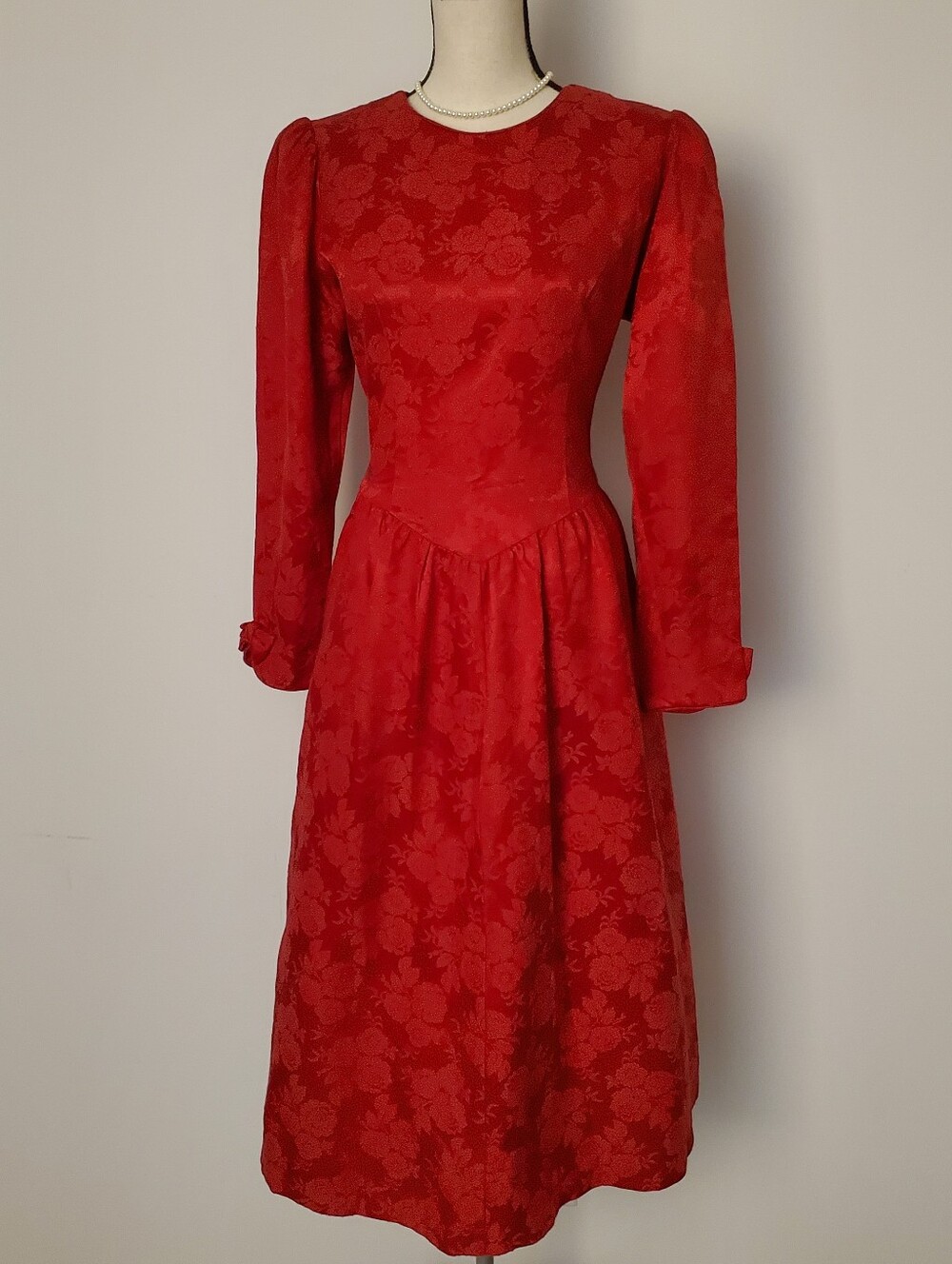 Vintage Lanz Originals Red Floral Jacquard Long Sleeve Midi Dress Est. Size L